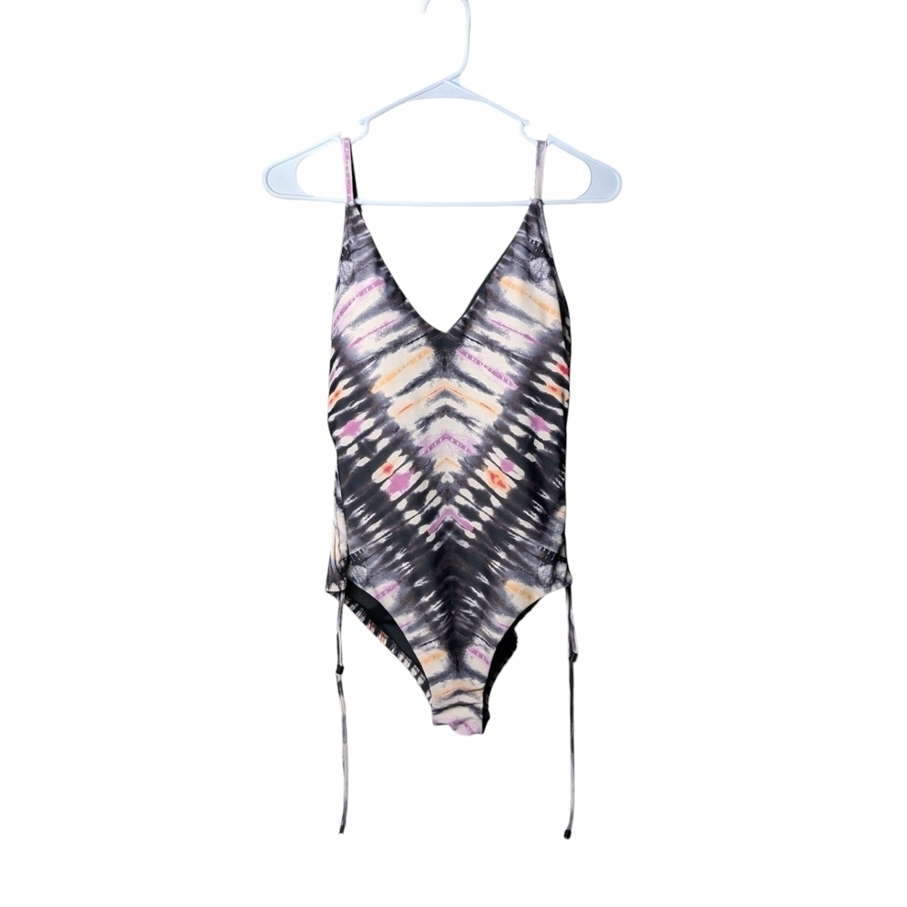 Bar III NWOT Drawstring Tie-Dye One-Piece Swimsuit Women's Medium Black Pink